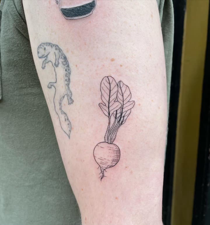 fine line beet arm tattoo by Ale Muñoz, Philadelphia PA