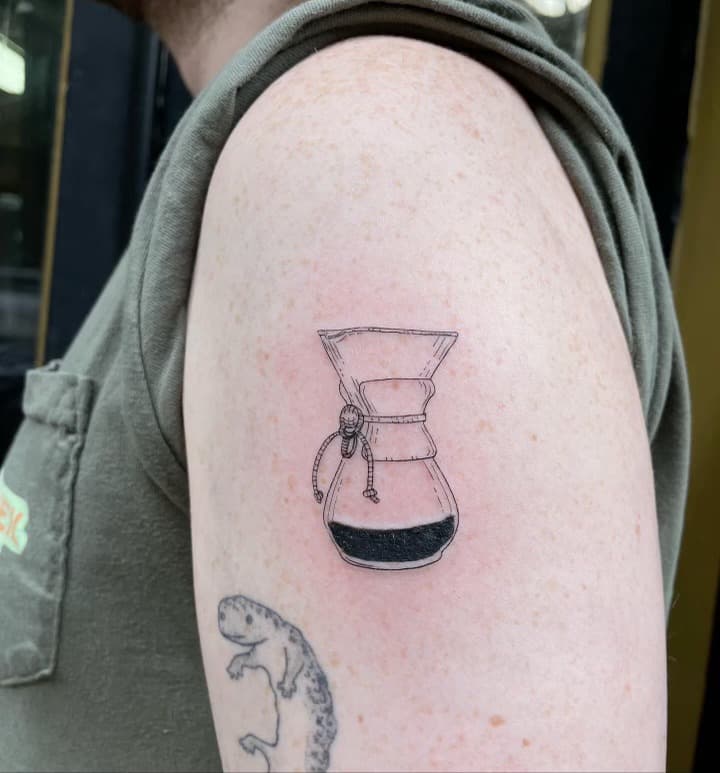 fine line chemex coffee shoulder tattoo by Ale Muñoz, Philadelphia PA
