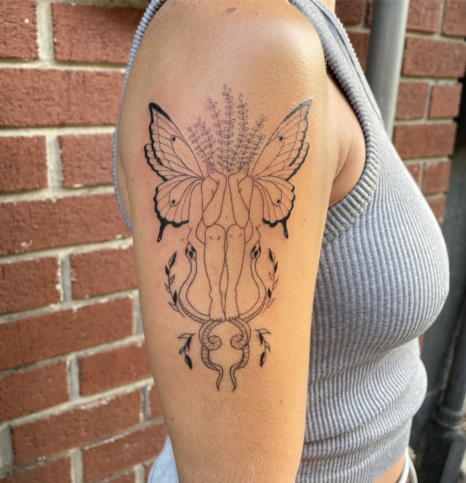 fine line ornamental snakes butterfly arm tattoo by Ale Muñoz, Philadelphia PA