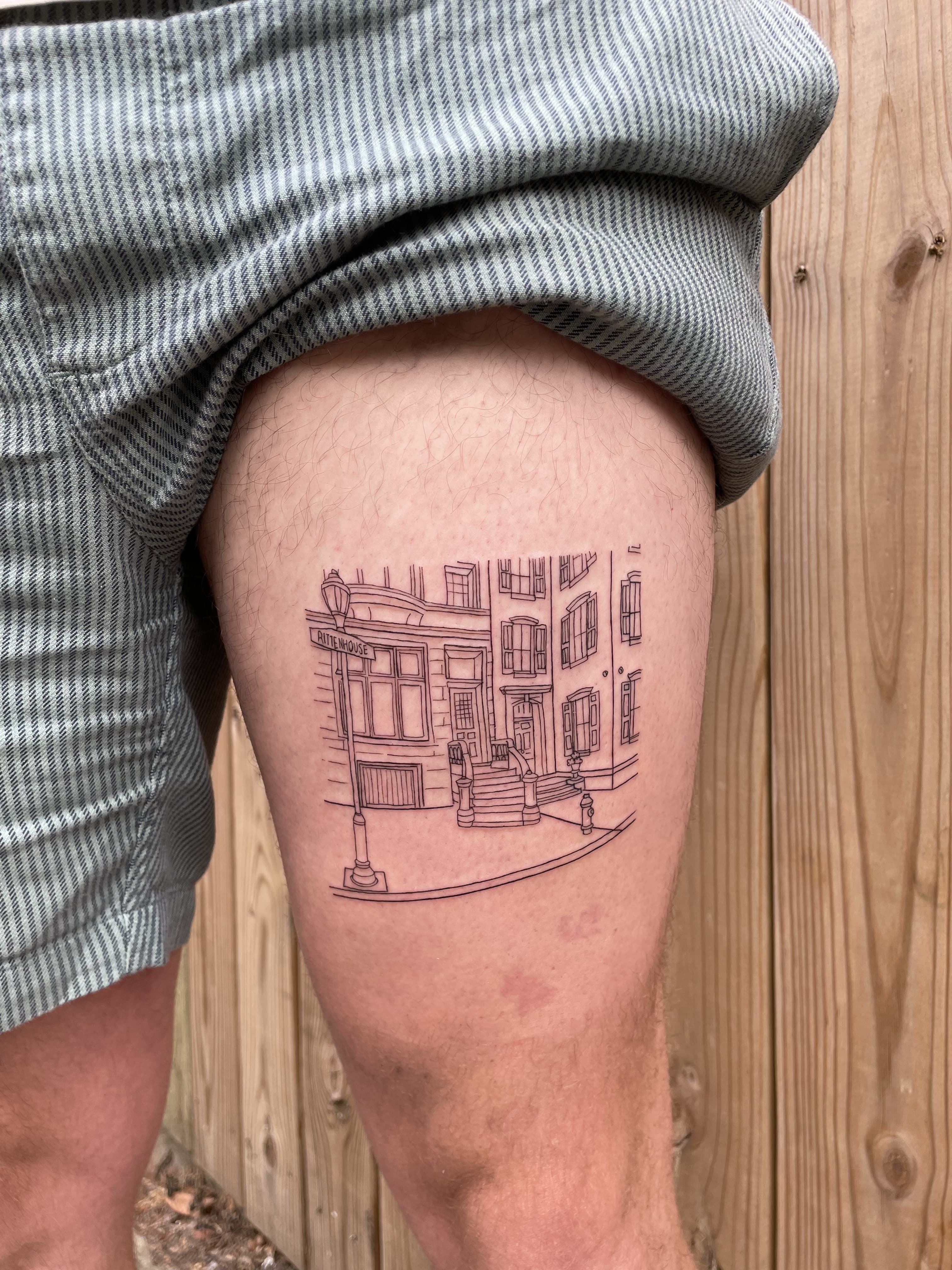fine line philly street scene thigh tattoo by Ale Muñoz, Philadelphia PA
