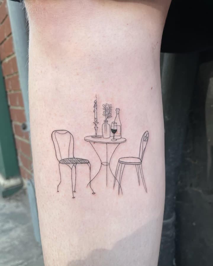 fine line wine bistro table arm tattoo by Ale Muñoz, Philadelphia PA