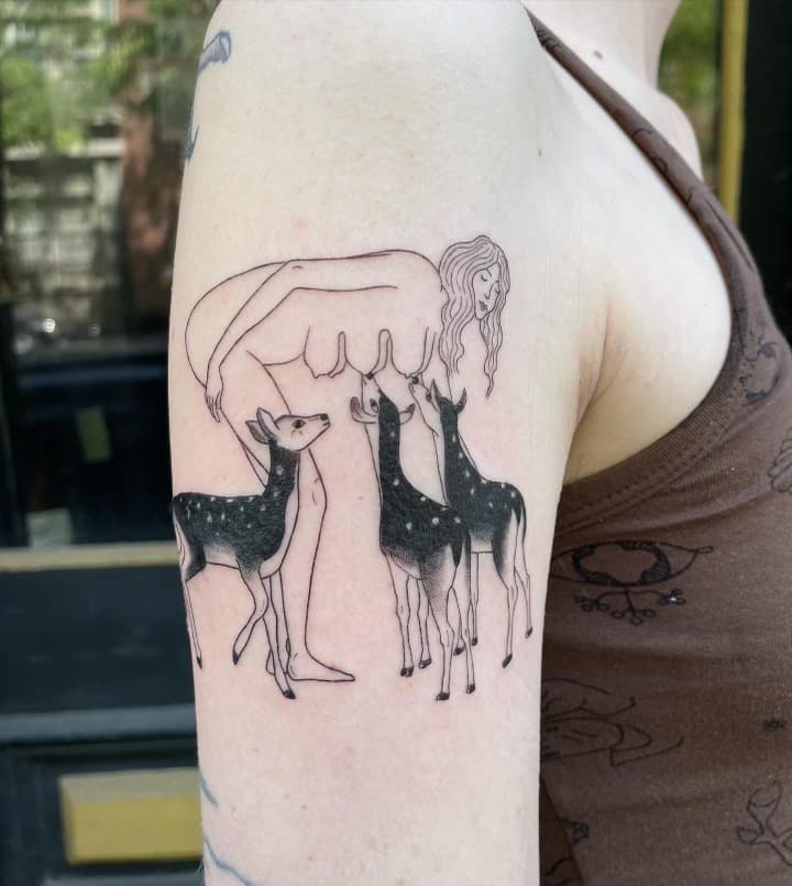 fine line woman and deer shoulder tattoo by Ale Muñoz, Philadelphia PA