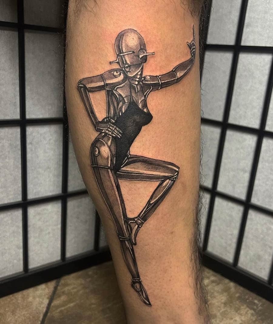 black grey android woman leg tattoo by BG Galdes, Philadelphia PA