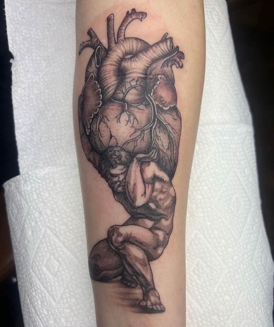 black grey atlas anatomical heart forearm tattoo by BG Galdes, Philadelphia PA