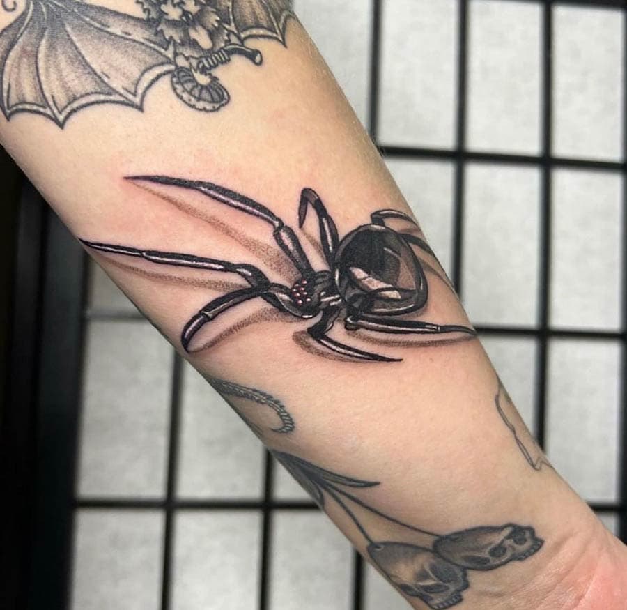 black grey black widow spider forearm tattoo by BG Galdes, Philadelphia PA