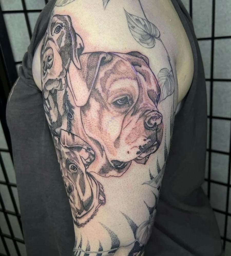 black grey dog portraits sleeve tattoo by BG Galdes, Philadelphia PA