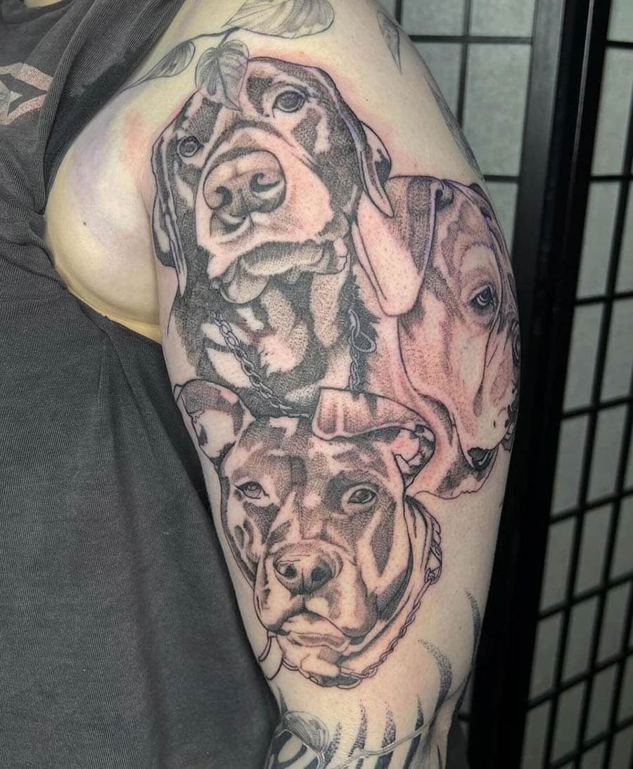 black grey dog portraits sleeve tattoo by BG Galdes, Philadelphia PA