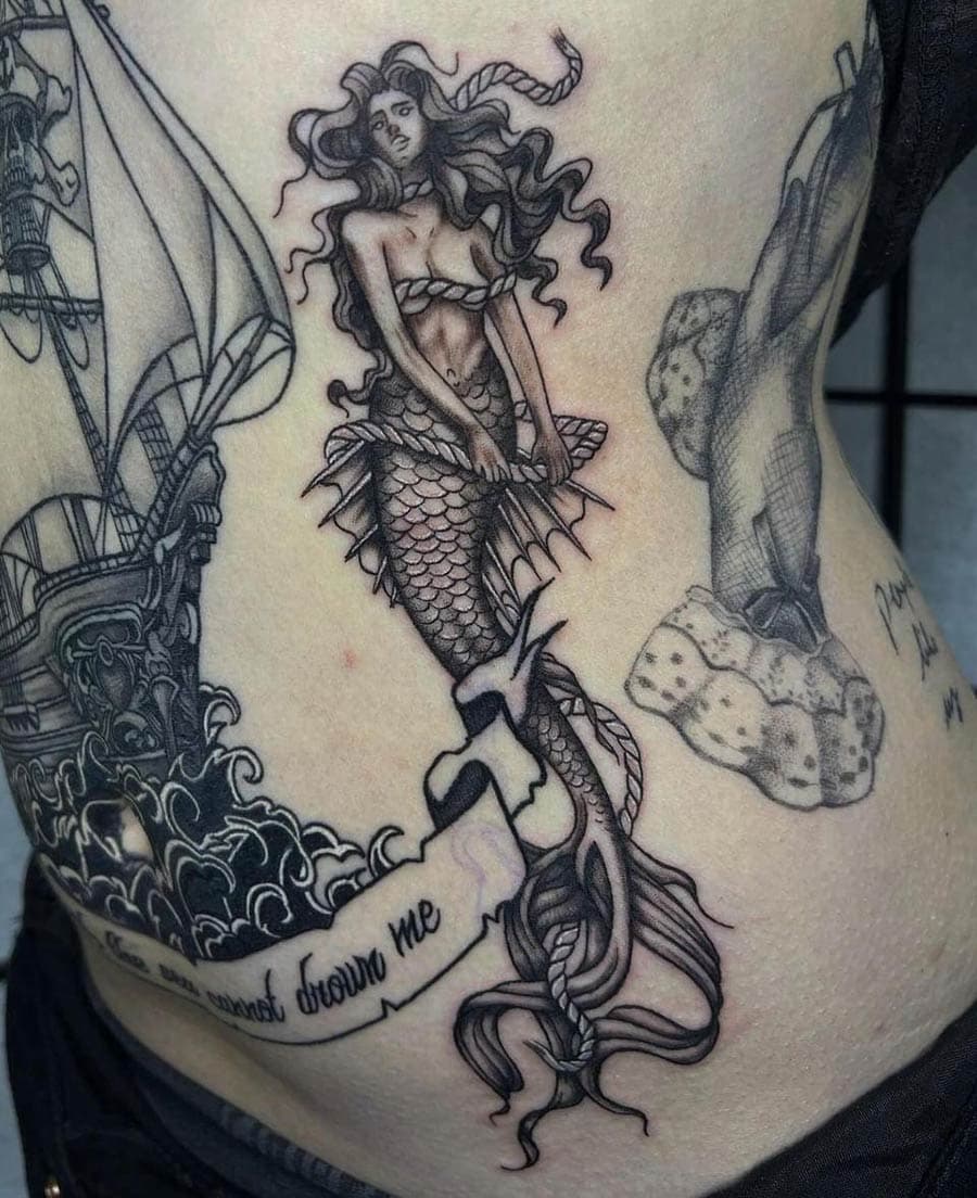 black grey mermaid ship side tattoo by BG Galdes, Philadelphia PA