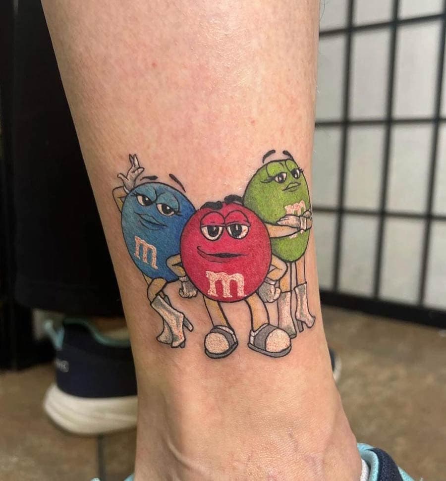 color mms characters ankle tattoo by BG Galdes, Philadelphia PA