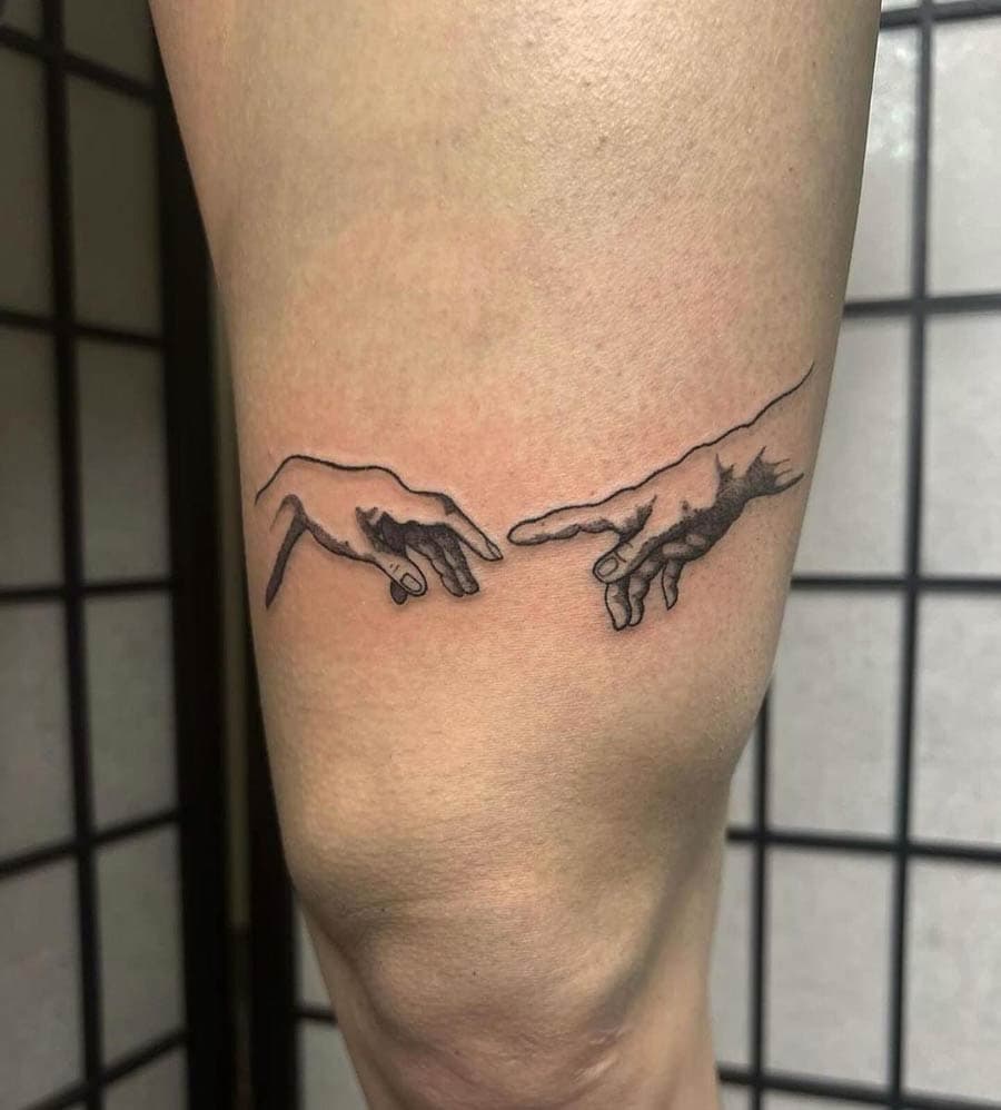 fine line creation of adam hands arm tattoo by BG Galdes, Philadelphia PA