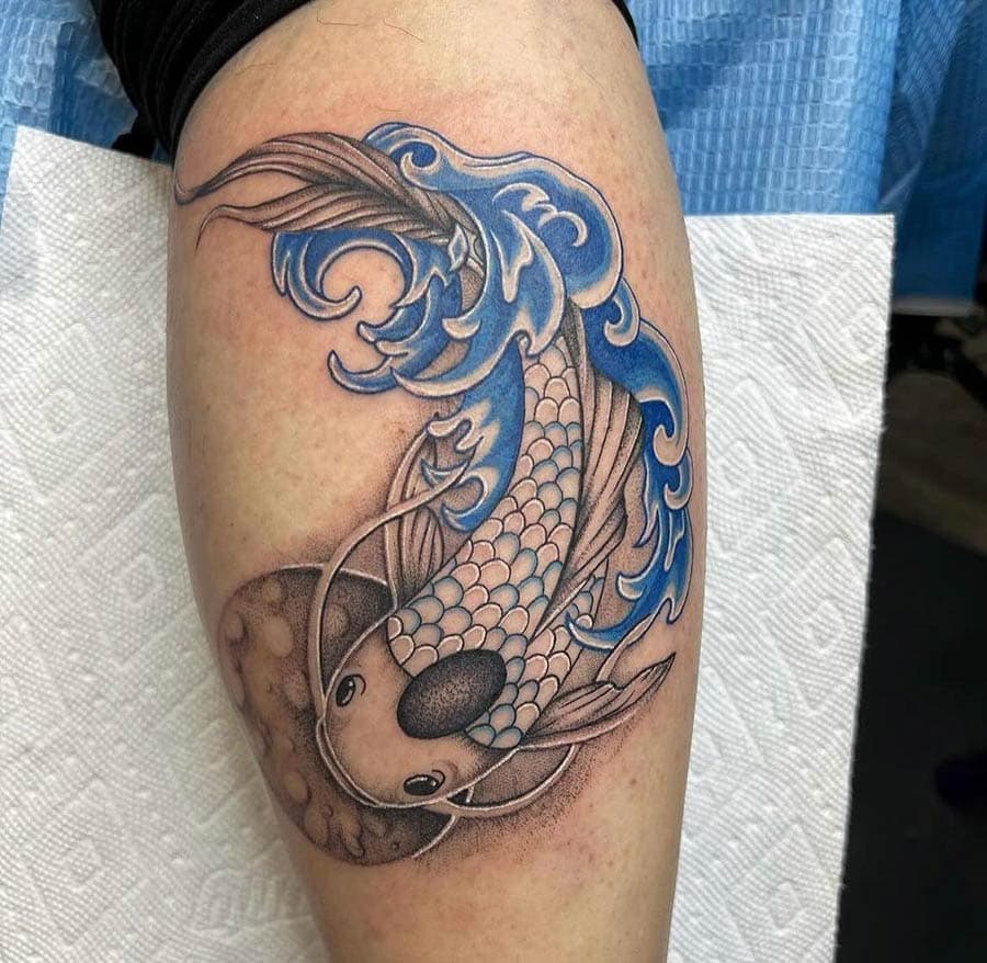 japanese koi fish waves leg tattoo by BG Galdes, Philadelphia PA
