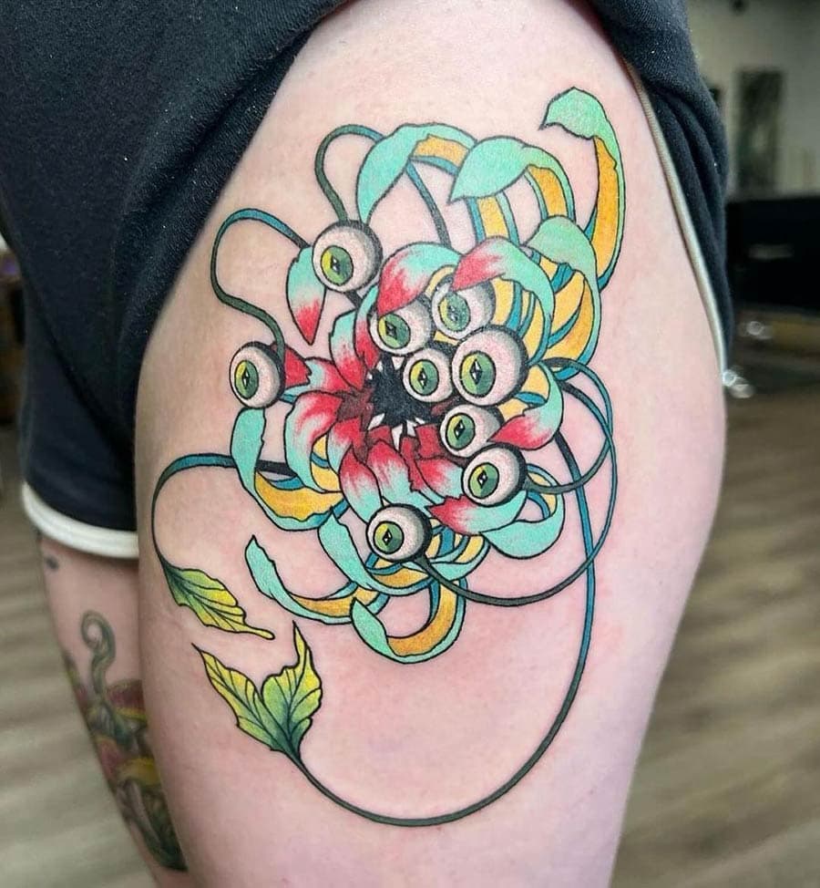 neo traditional eyeball chrysanthemum thigh tattoo by BG Galdes, Philadelphia PA