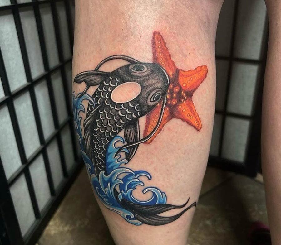 neo traditional koi fish starfish leg tattoo by BG Galdes, Philadelphia PA
