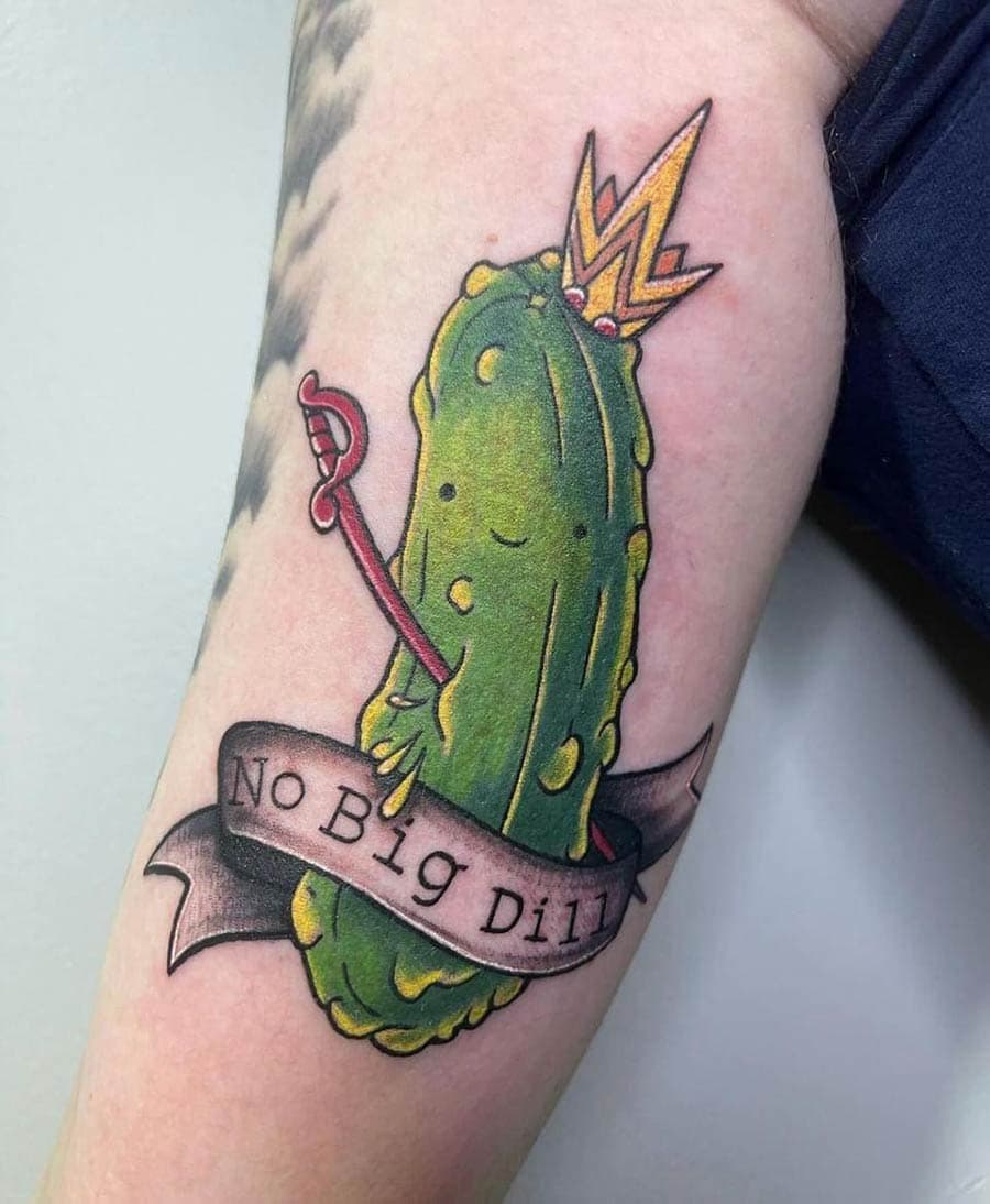 neo traditional pickle no big dill arm tattoo by BG Galdes, Philadelphia PA
