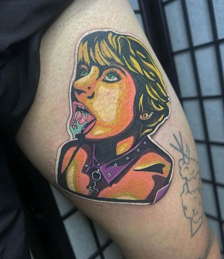 pop art woman lollipop thigh tattoo by BG Galdes, Philadelphia PA