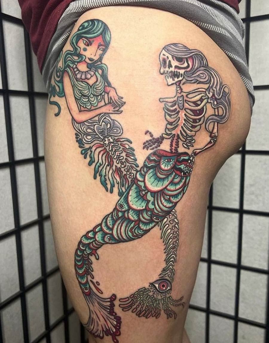 traditional mermaid skeleton pair thigh tattoo by BG Galdes, Philadelphia PA