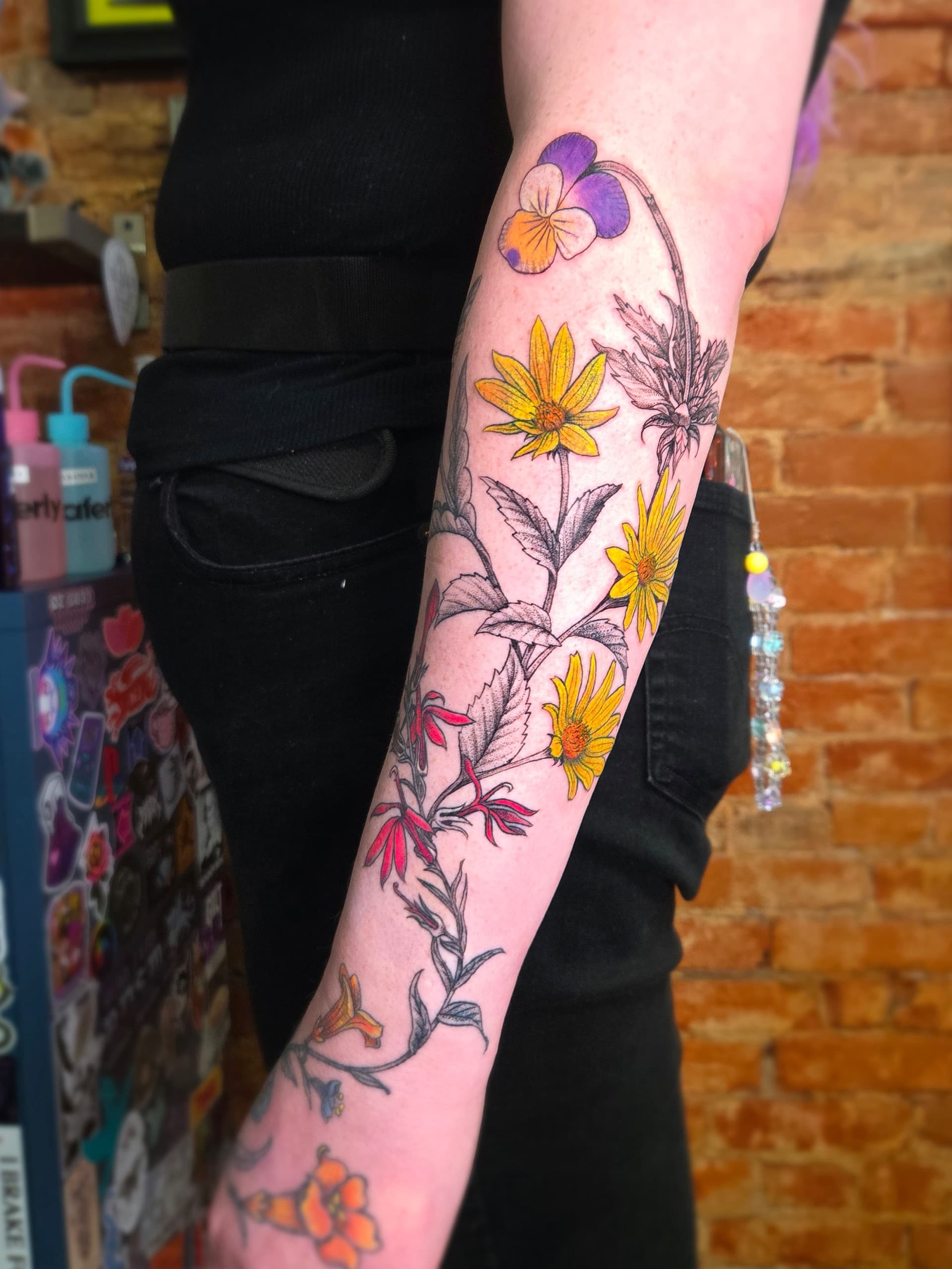 botanical wildflower forearm sleeve tattoo by Bird, Philadelphia PA