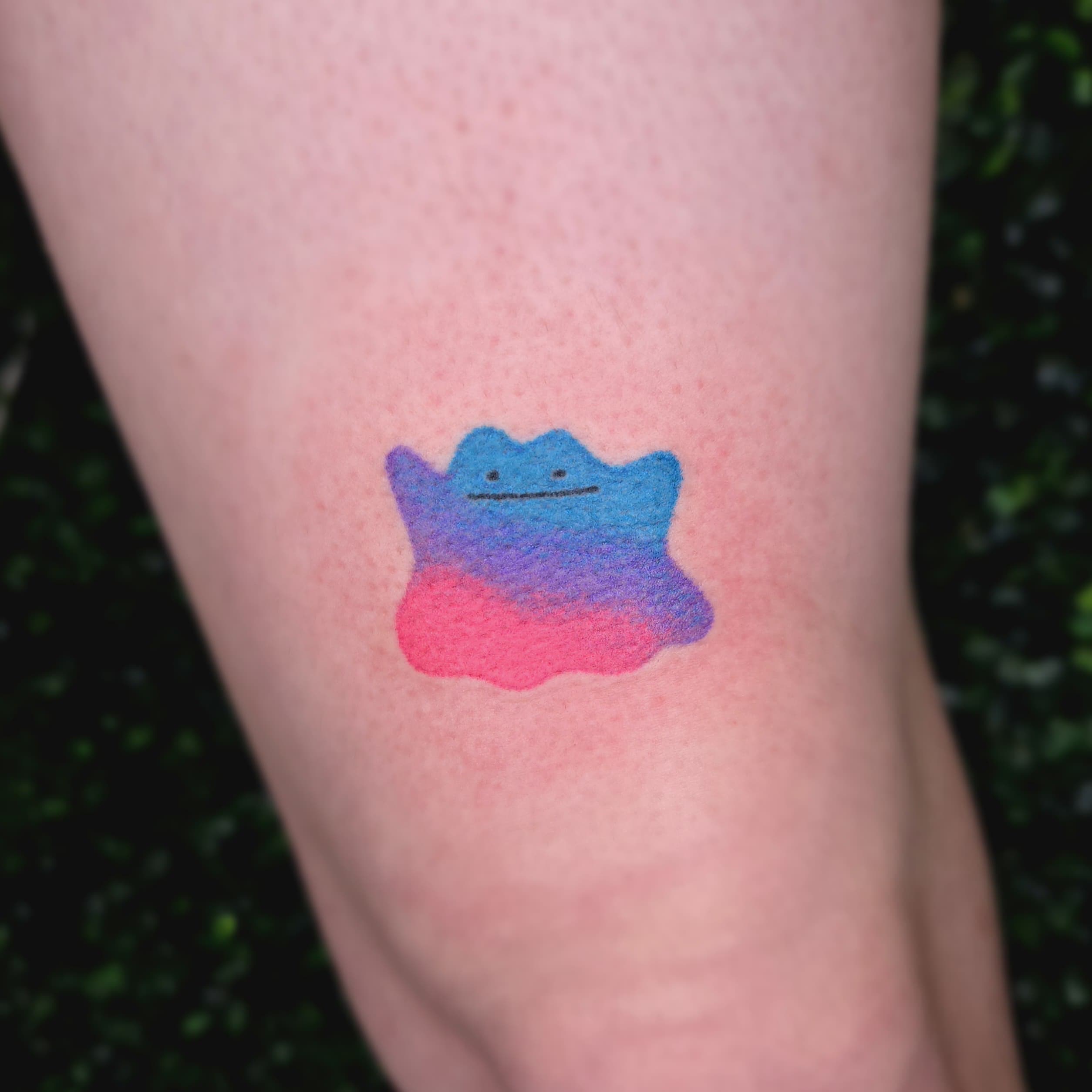 ditto pokemon leg tattoo by Bird, Philadelphia PA