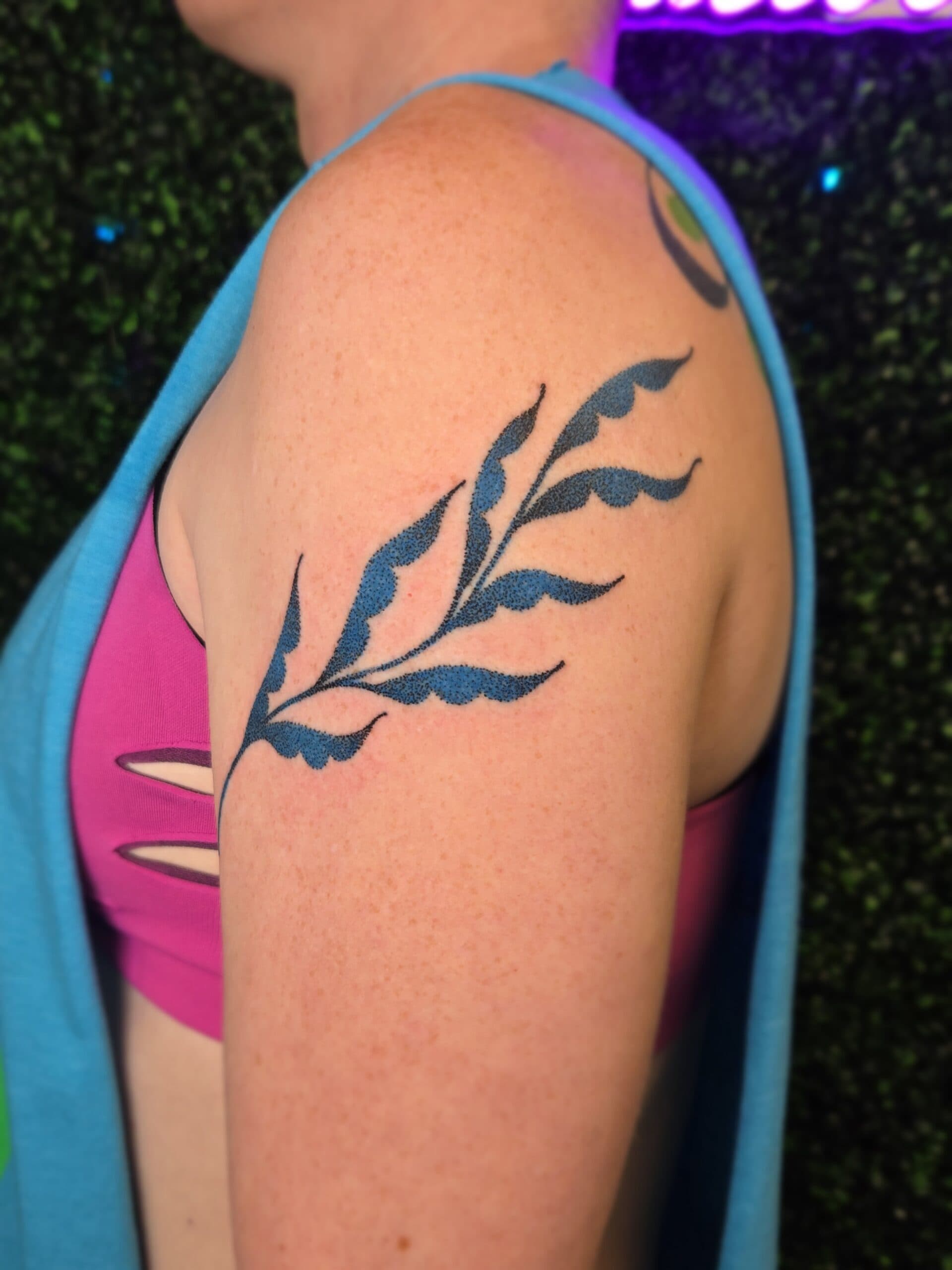 dotwork fern leaf shoulder tattoo by Bird, Philadelphia PA