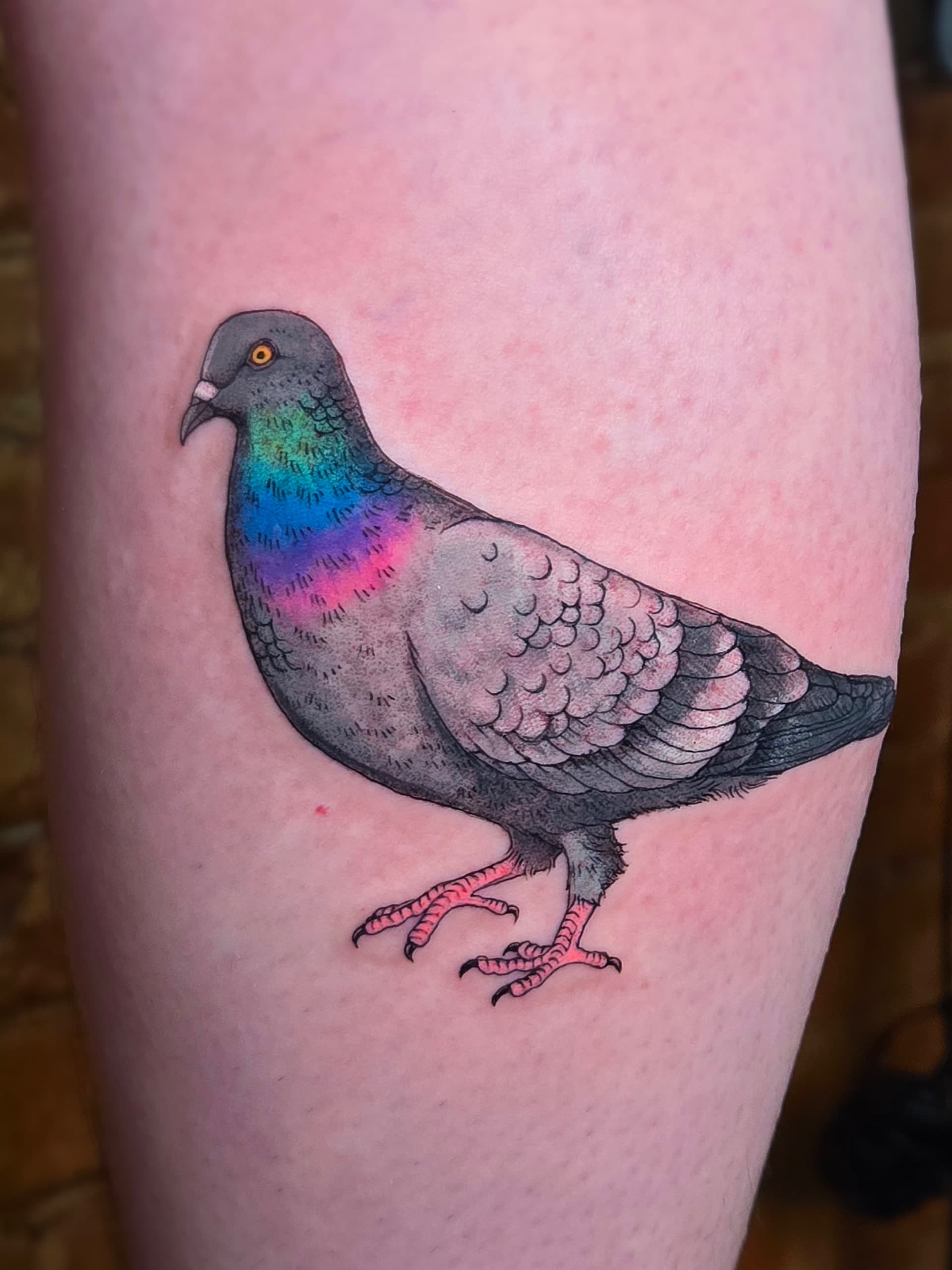 illustrative iridescent pigeon leg tattoo by Bird, Philadelphia PA