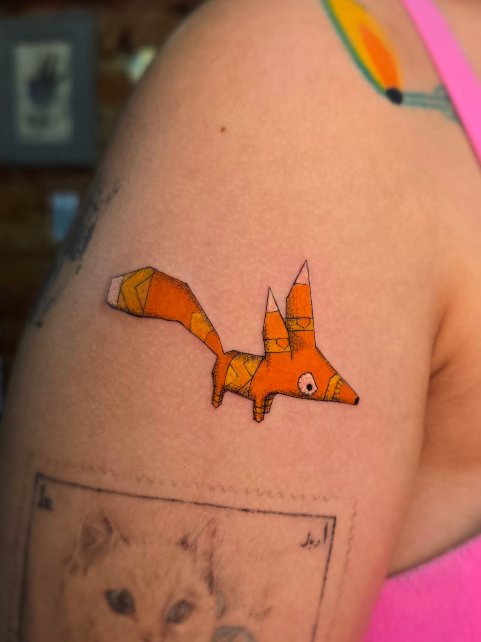 low poly fox shoulder tattoo by Bird, Philadelphia PA