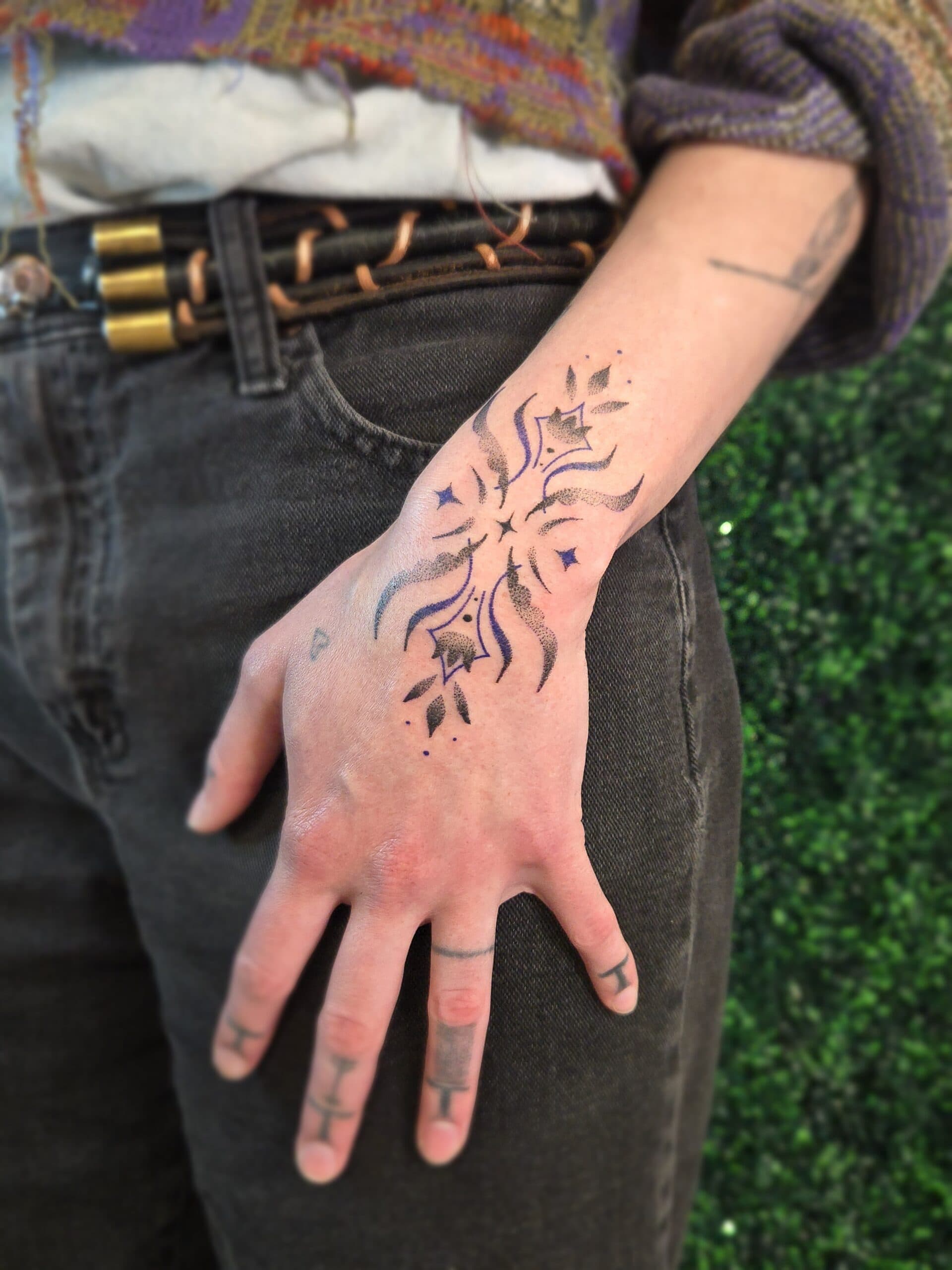 ornamental fine line hand tattoo by Bird, Philadelphia PA