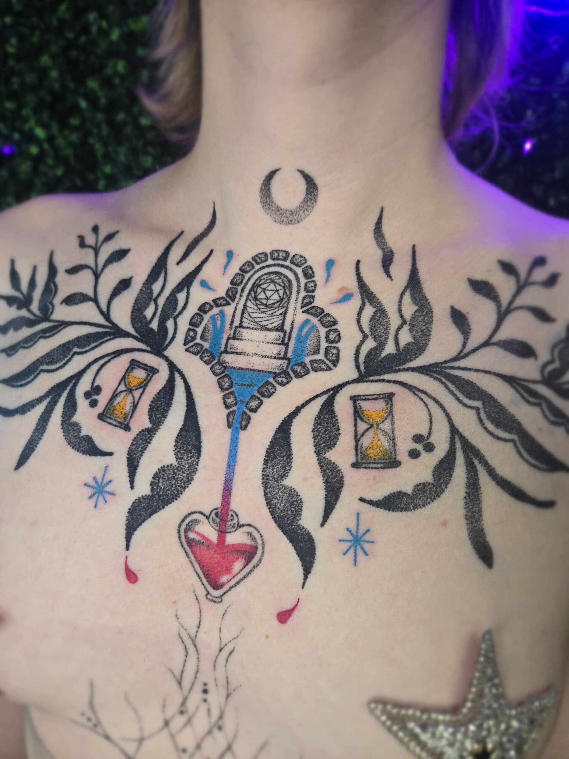 ornamental potion hourglass chest tattoo by Bird, Philadelphia PA