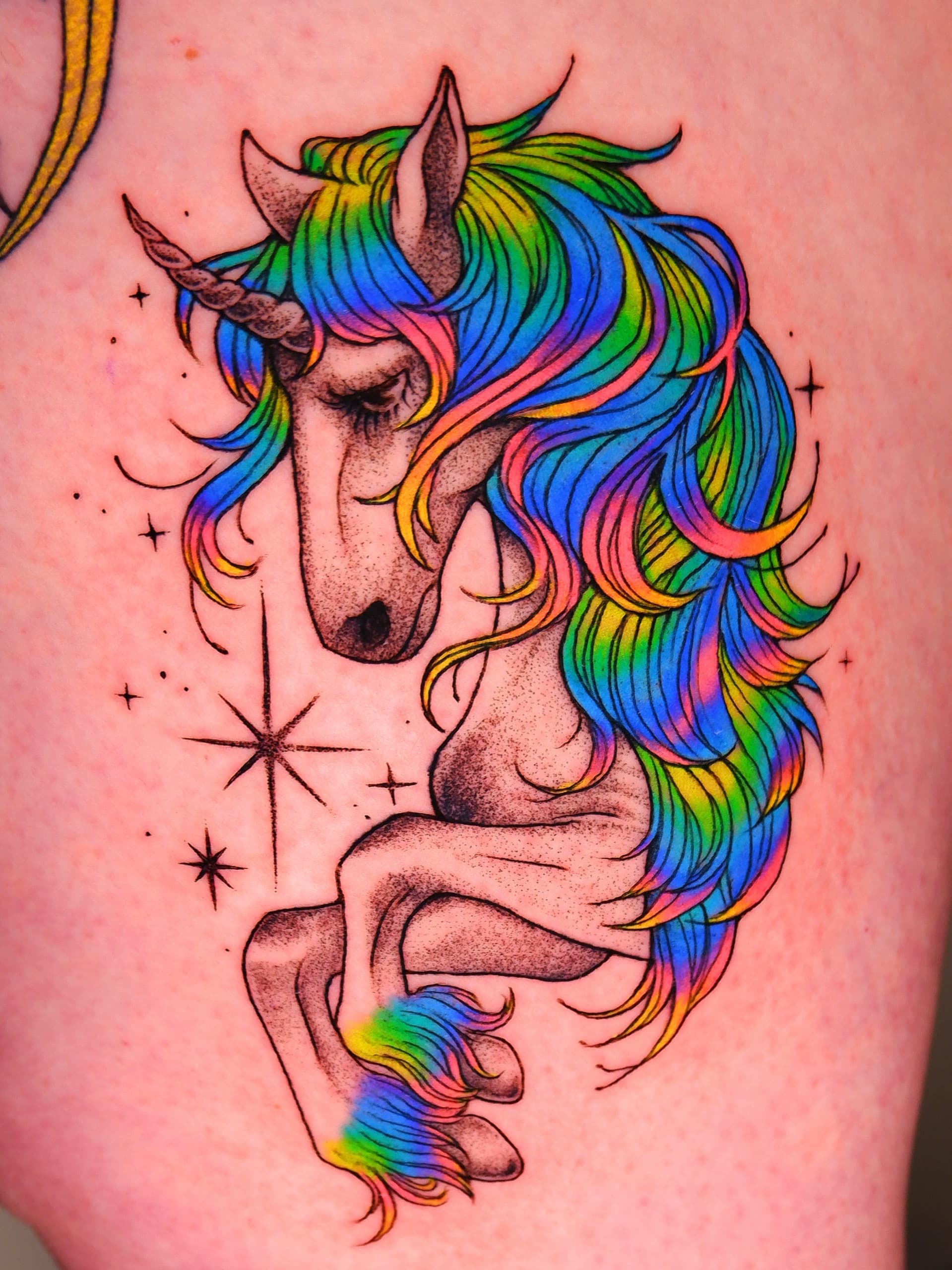 rainbow unicorn dotwork thigh tattoo by Bird, Philadelphia PA