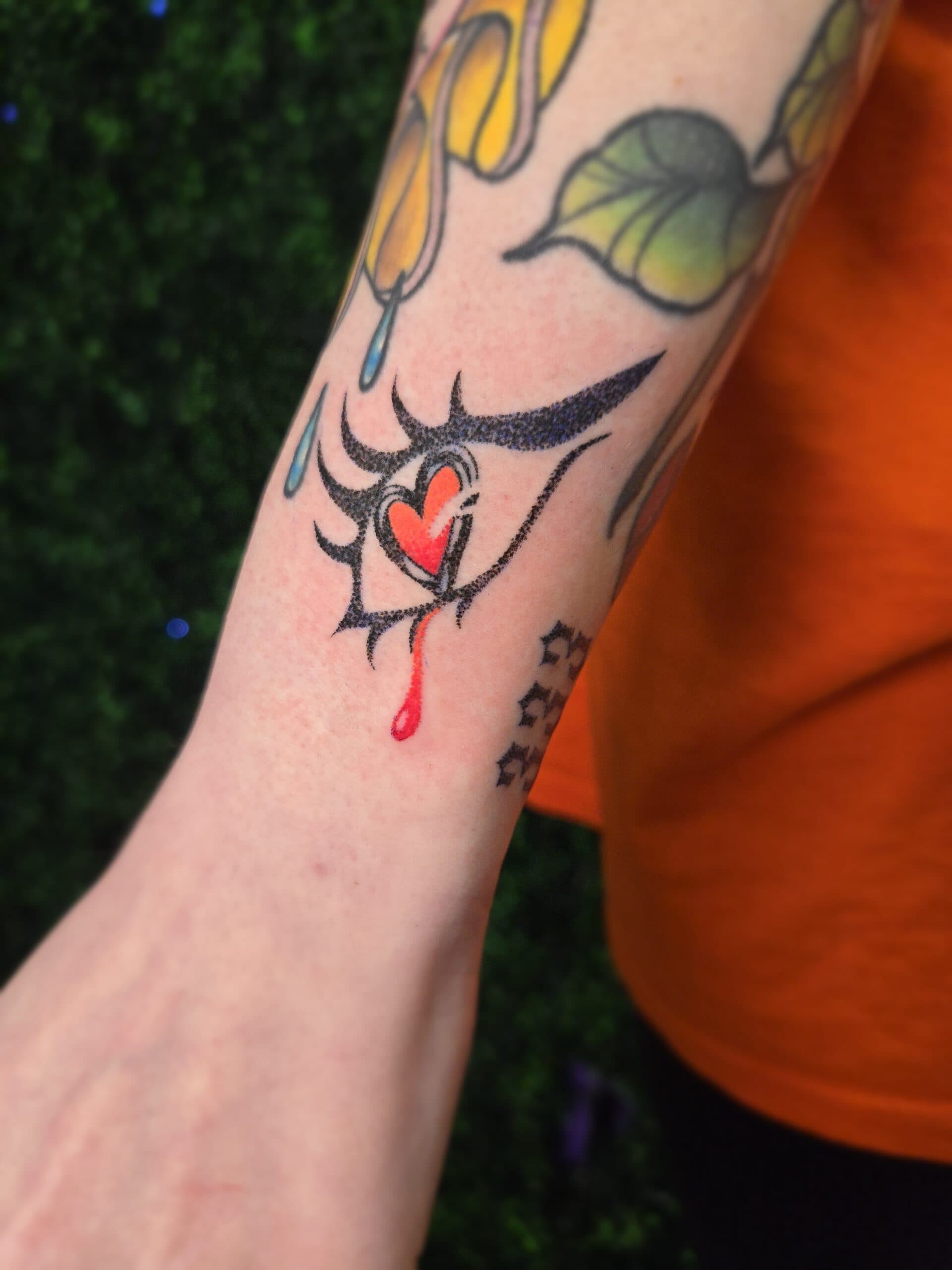 traditional heart spiderweb forearm tattoo by Bird, Philadelphia PA