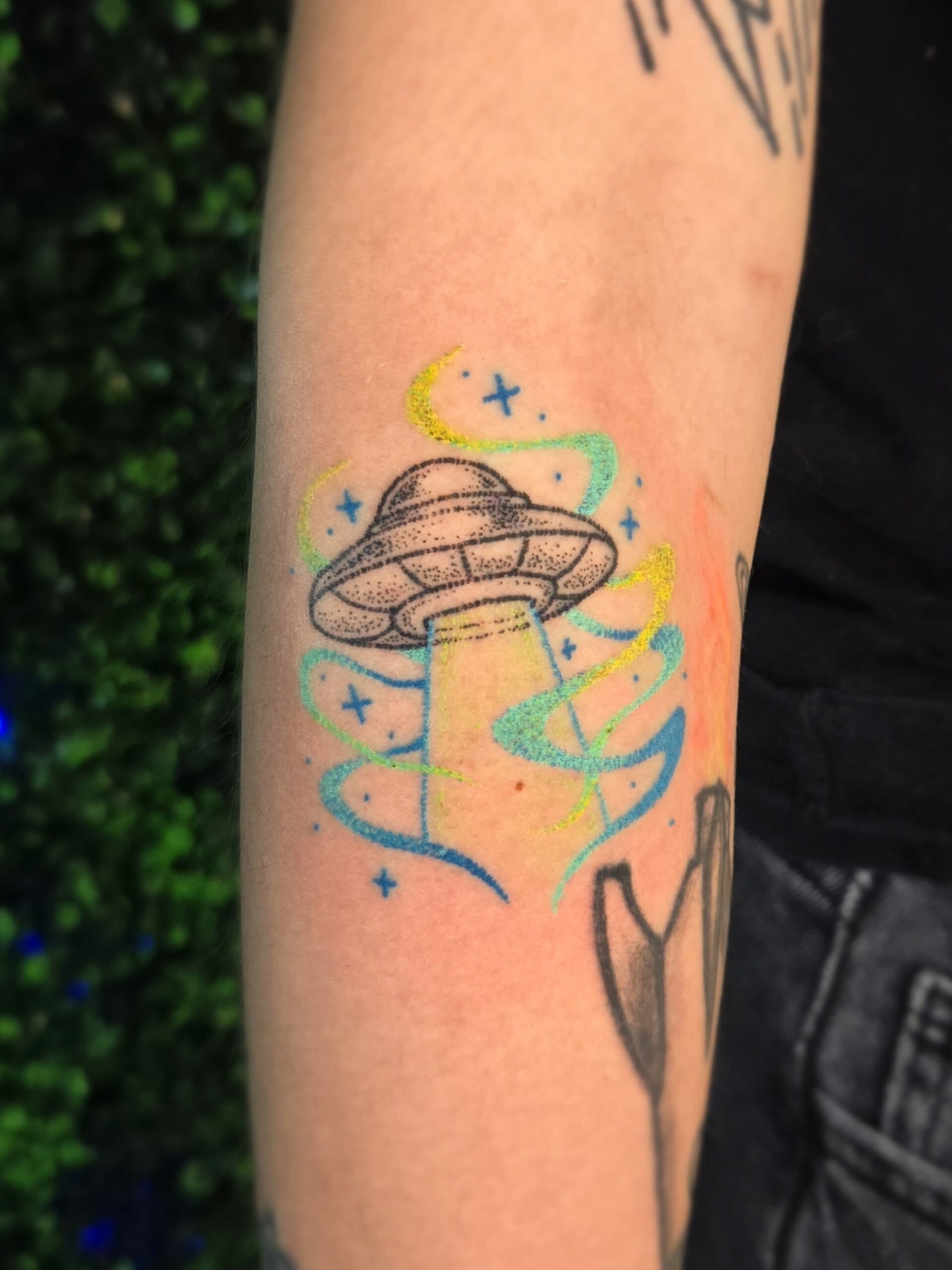 ufo spaceship forearm tattoo by Bird, Philadelphia PA