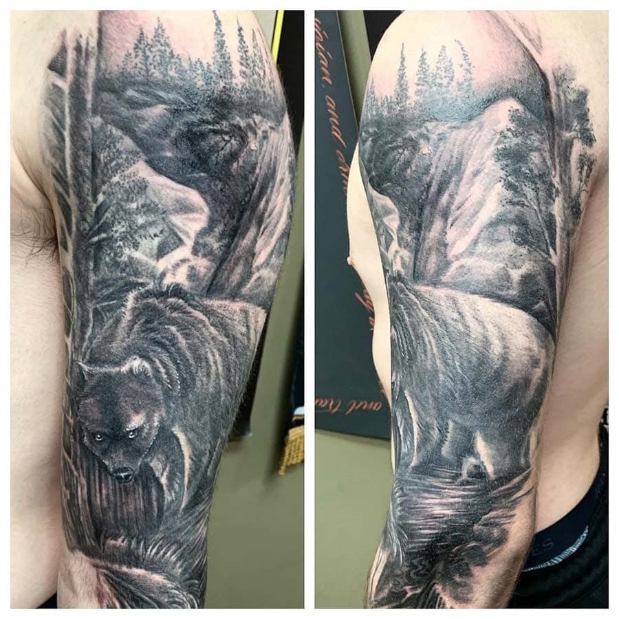bear forest waterfall realism sleeve tattoo by John Howie, Philadelphia PA