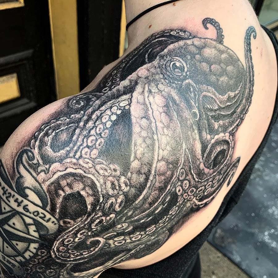 black grey octopus shoulder tattoo by John Howie, Philadelphia PA