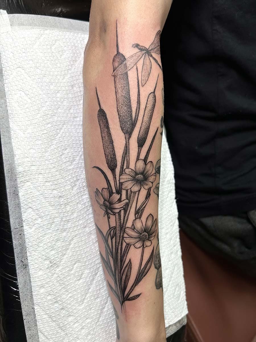 botanical cattails wildflowers forearm tattoo by John Howie, Philadelphia PA