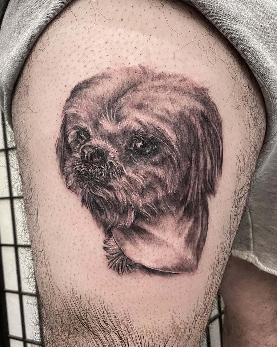 dog portrait realism thigh tattoo by John Howie, Philadelphia PA