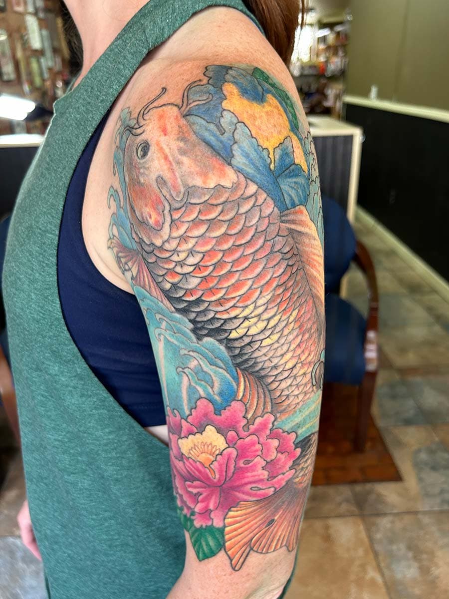 japanese koi fish peony sleeve tattoo by John Howie, Philadelphia PA
