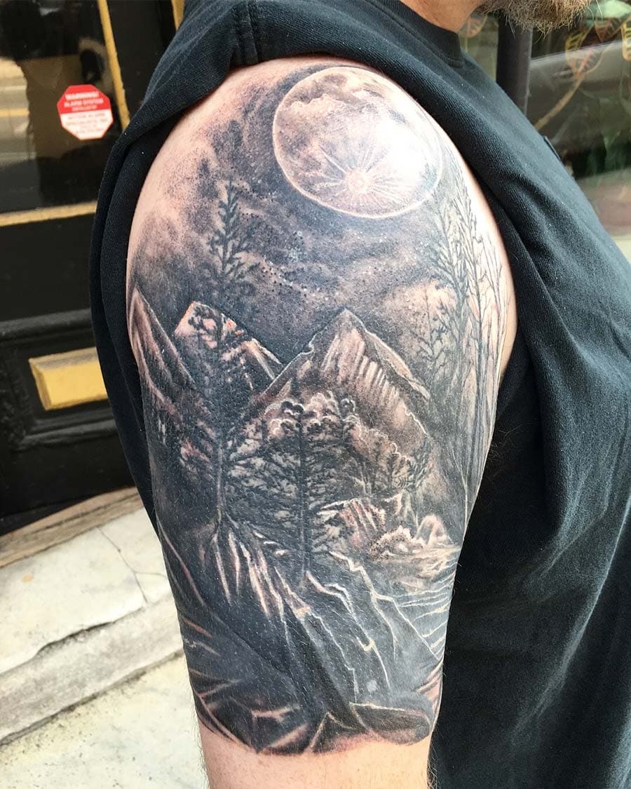 mountain moon forest realism sleeve tattoo by John Howie, Philadelphia PA