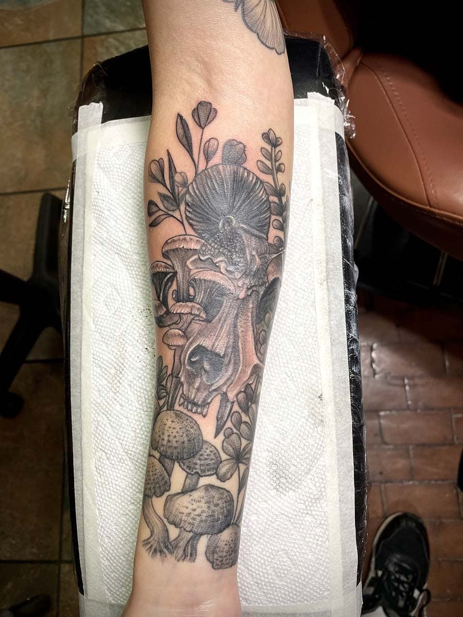 mushroom forest nature forearm tattoo by John Howie, Philadelphia PA