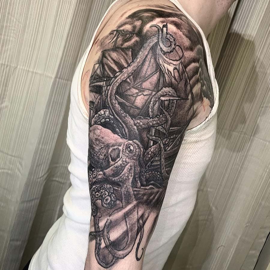 octopus kraken ship sleeve tattoo by John Howie, Philadelphia PA