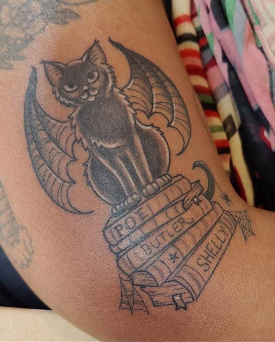 black grey bat cat books arm tattoo by Liz Glitz, Philadelphia PA