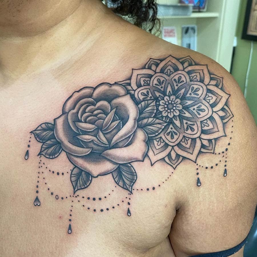 black grey rose mandala chest tattoo by Liz Glitz, Philadelphia PA