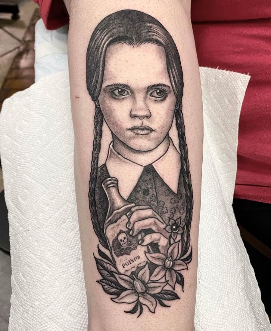 black grey wednesday addams forearm tattoo by Liz Glitz, Philadelphia PA