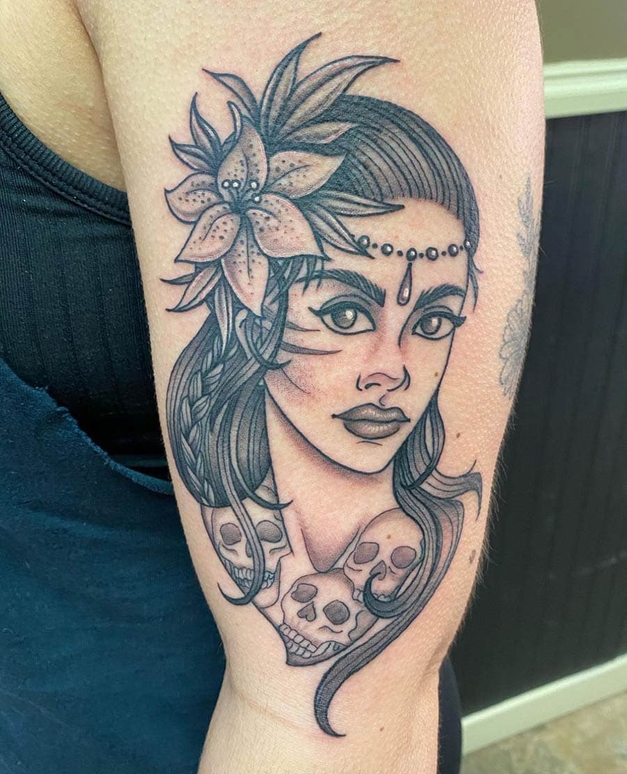 black grey woman portrait arm tattoo by Liz Glitz, Philadelphia PA