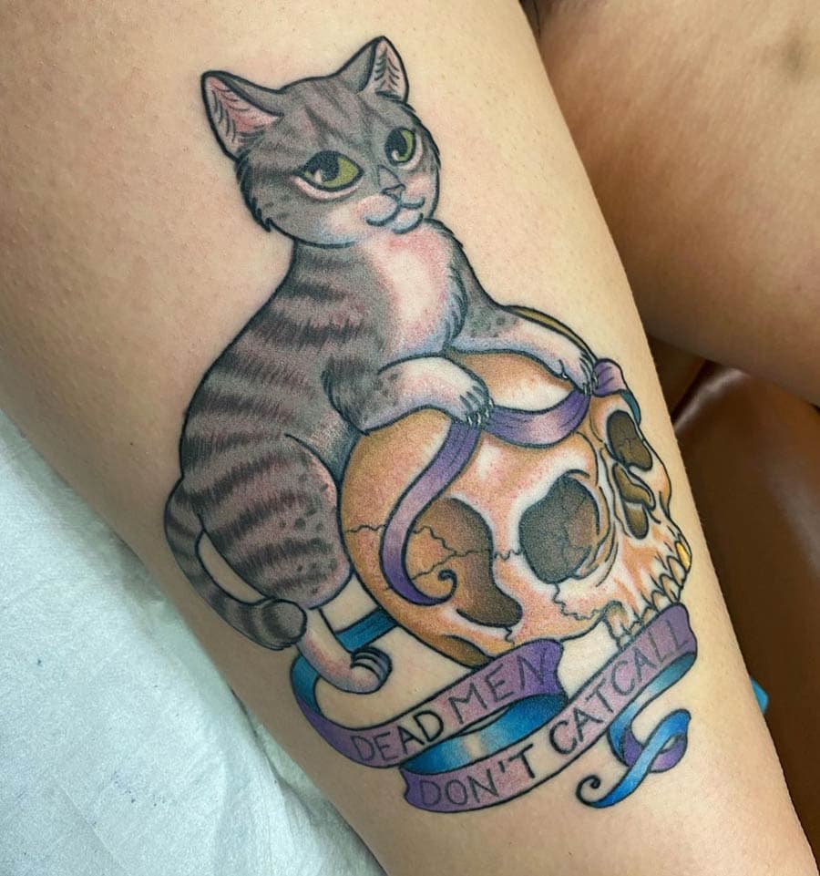 neo traditional cat skull thigh tattoo by Liz Glitz, Philadelphia PA