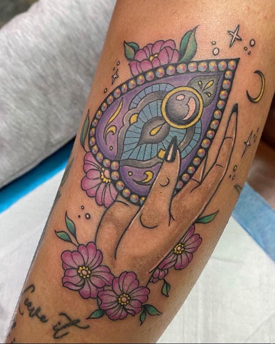 neo traditional crystal ball hand arm tattoo by Liz Glitz, Philadelphia PA