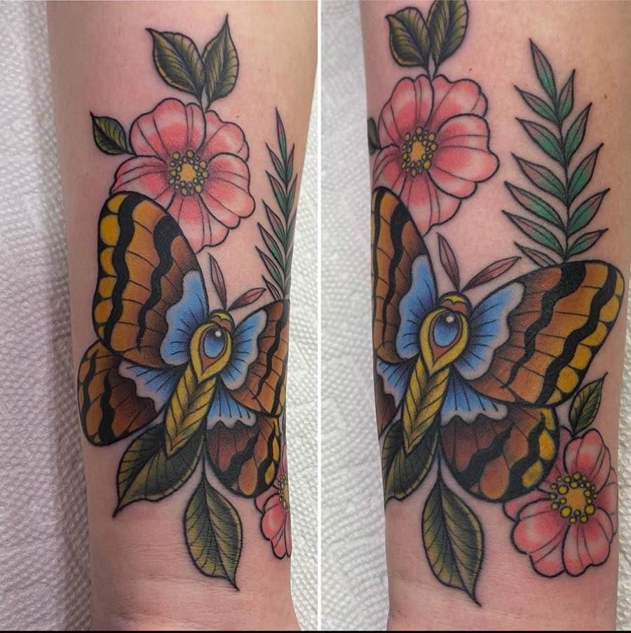 neo traditional moth flowers forearm tattoo by Liz Glitz, Philadelphia PA