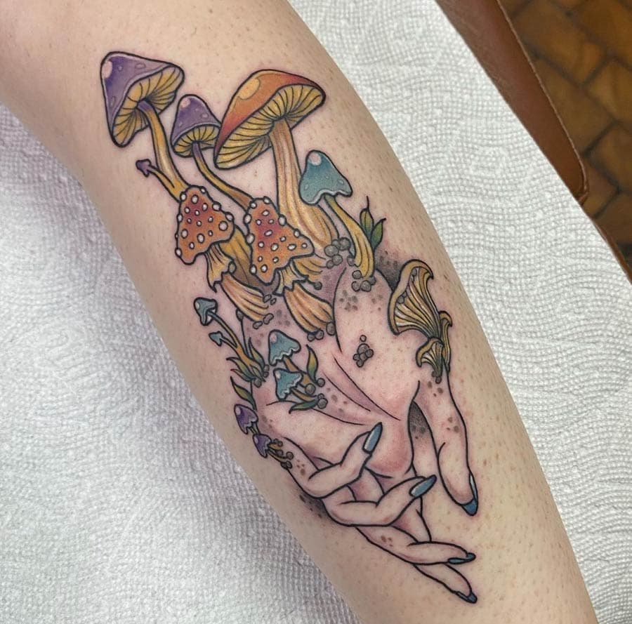 neo traditional mushrooms hand leg tattoo by Liz Glitz, Philadelphia PA