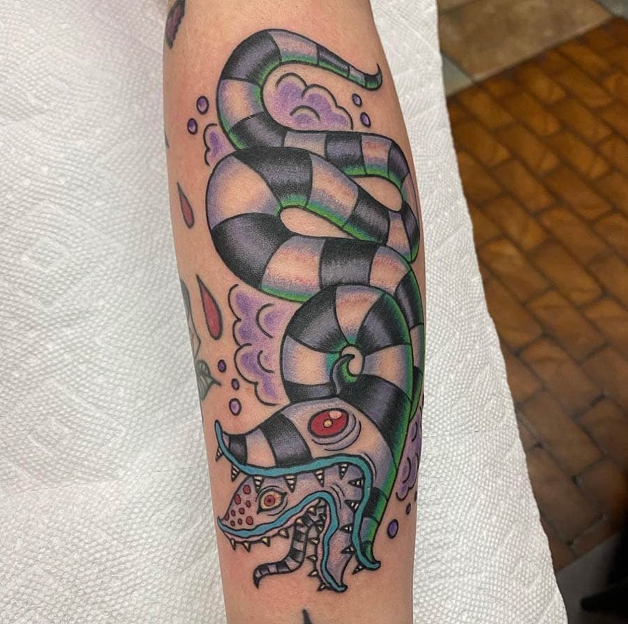 neo traditional snake forearm tattoo by Liz Glitz, Philadelphia PA
