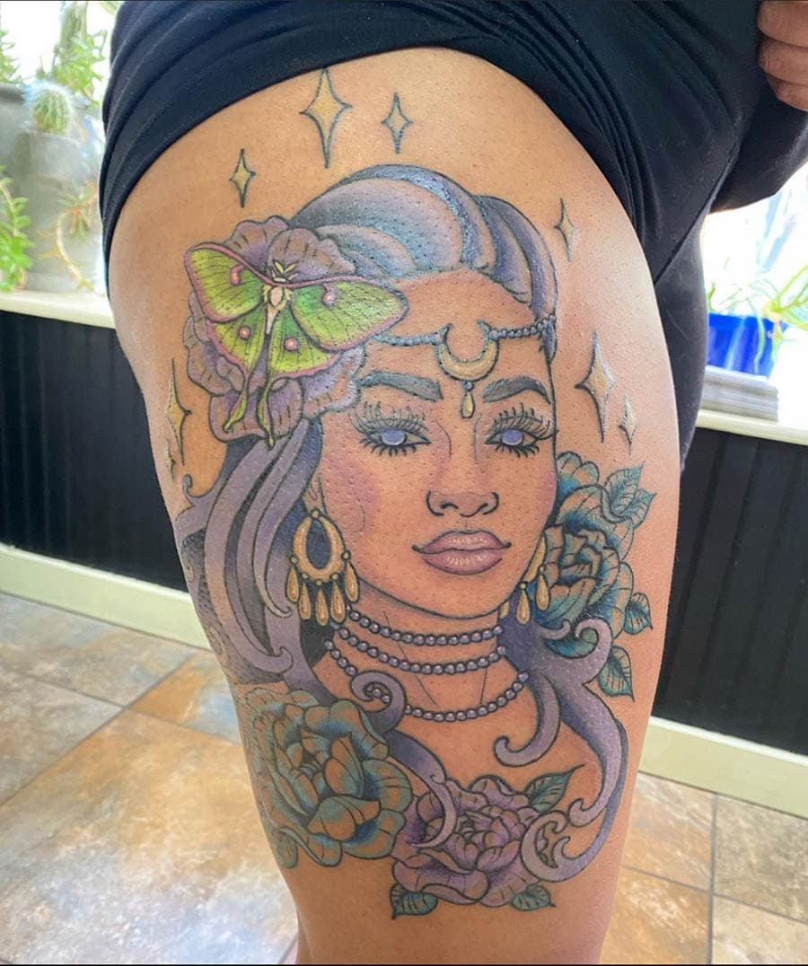 neo traditional woman moth thigh tattoo by Liz Glitz, Philadelphia PA