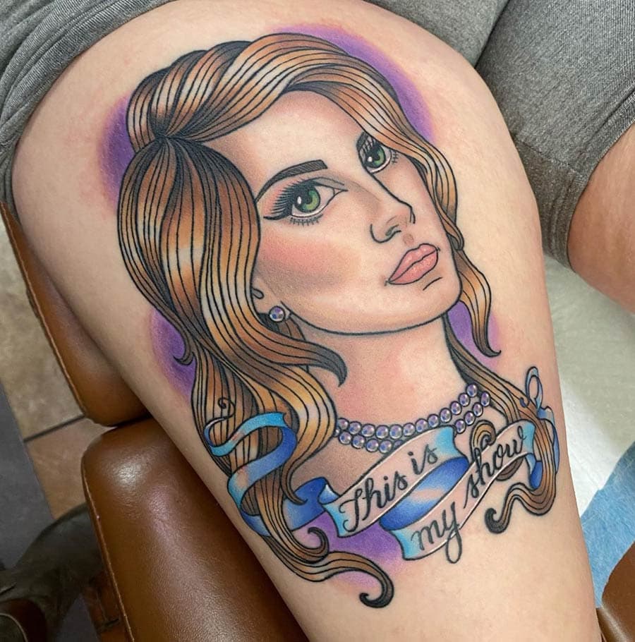 neo traditional woman portrait thigh tattoo by Liz Glitz, Philadelphia PA