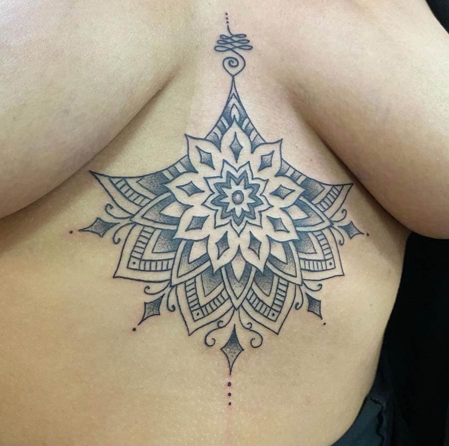 ornamental mandala sternum tattoo by Liz Glitz, Philadelphia PA